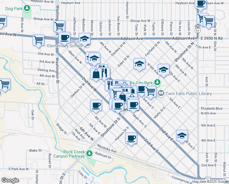 map of restaurants, bars, coffee shops, grocery stores, and more near 302 Main Avenue North in Twin Falls