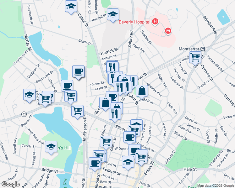 map of restaurants, bars, coffee shops, grocery stores, and more near 386 Cabot Street in Beverly