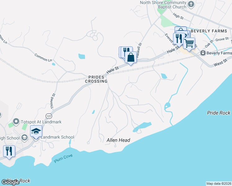 map of restaurants, bars, coffee shops, grocery stores, and more near 70 Paine Avenue in Beverly
