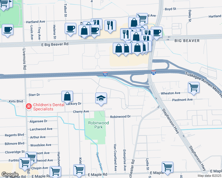 map of restaurants, bars, coffee shops, grocery stores, and more near 625 Coachman Drive in Troy