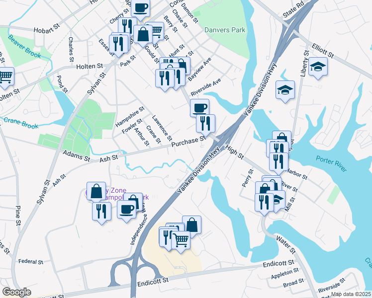map of restaurants, bars, coffee shops, grocery stores, and more near 18 Purchase Street in Danvers