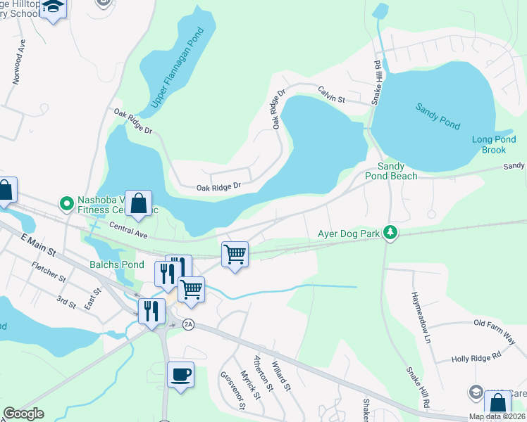map of restaurants, bars, coffee shops, grocery stores, and more near 160 Central Avenue in Ayer