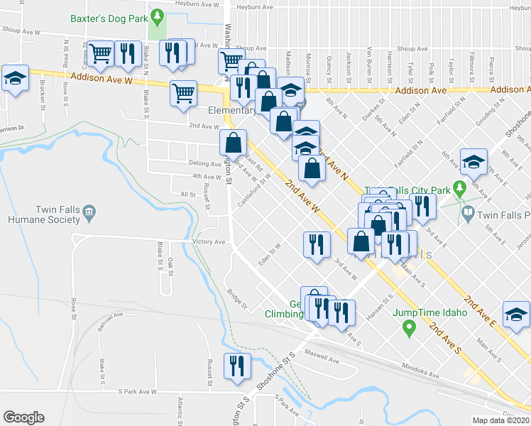 map of restaurants, bars, coffee shops, grocery stores, and more near 504 4th Avenue West in Twin Falls