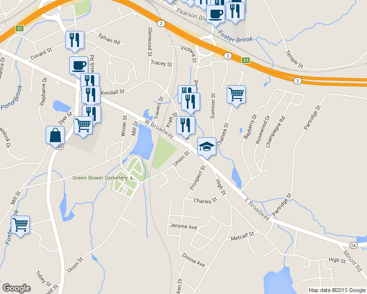 map of restaurants, bars, coffee shops, grocery stores, and more near 38 W Broadway in Gardner