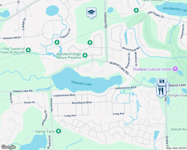 map of restaurants, bars, coffee shops, grocery stores, and more near 5391 Pleasant Lake Drive in West Bloomfield Township