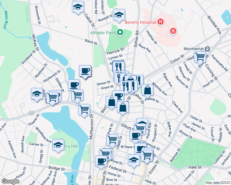 map of restaurants, bars, coffee shops, grocery stores, and more near 38 Beckford Street in Beverly