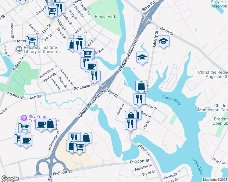 map of restaurants, bars, coffee shops, grocery stores, and more near 6 Hardy Street in Danvers