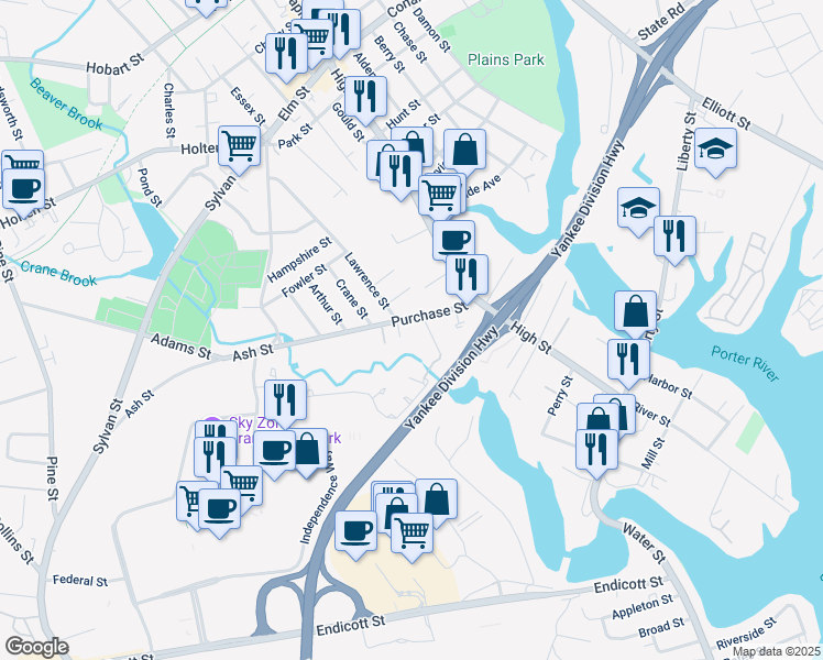 map of restaurants, bars, coffee shops, grocery stores, and more near 18 Purchase Street in Danvers