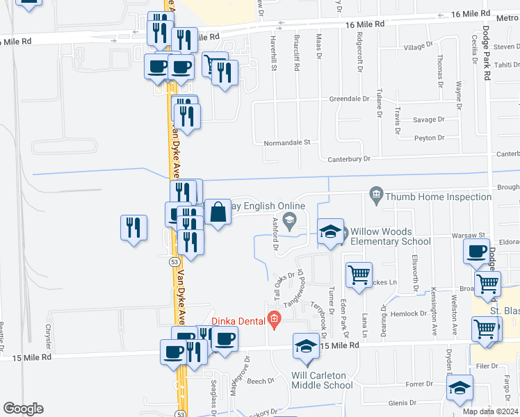 map of restaurants, bars, coffee shops, grocery stores, and more near 8703 Thornwood Court in Sterling Heights