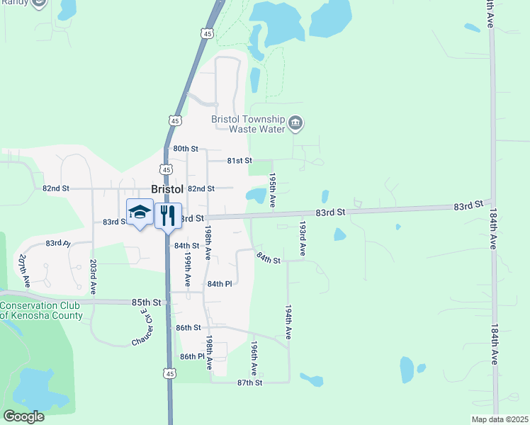 map of restaurants, bars, coffee shops, grocery stores, and more near 19420 83rd Street in Bristol