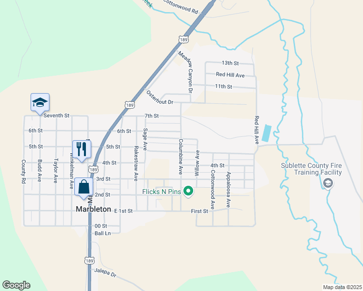 map of restaurants, bars, coffee shops, grocery stores, and more near Columbine Ave in Marbleton