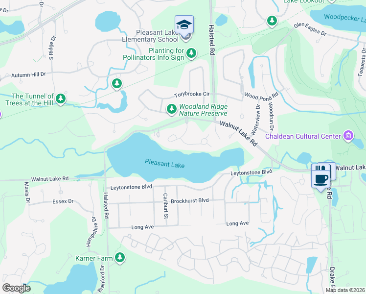 map of restaurants, bars, coffee shops, grocery stores, and more near 5391 Pleasant Lake Drive in West Bloomfield Township