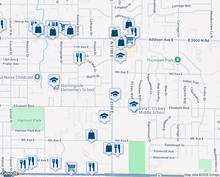 map of restaurants, bars, coffee shops, grocery stores, and more near 2182 Sherry Lane in Twin Falls