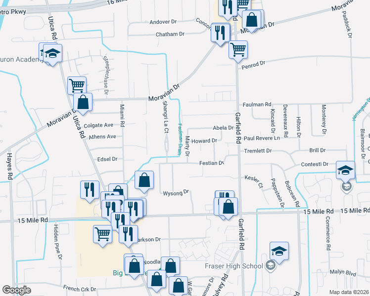 map of restaurants, bars, coffee shops, grocery stores, and more near 35584 Marty Drive in Clinton Township