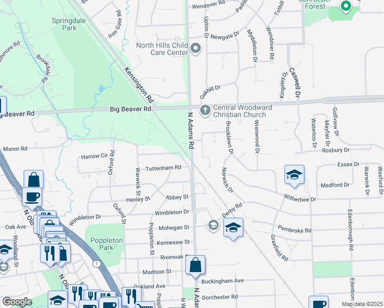map of restaurants, bars, coffee shops, grocery stores, and more near 1333 North Adams Road in Birmingham