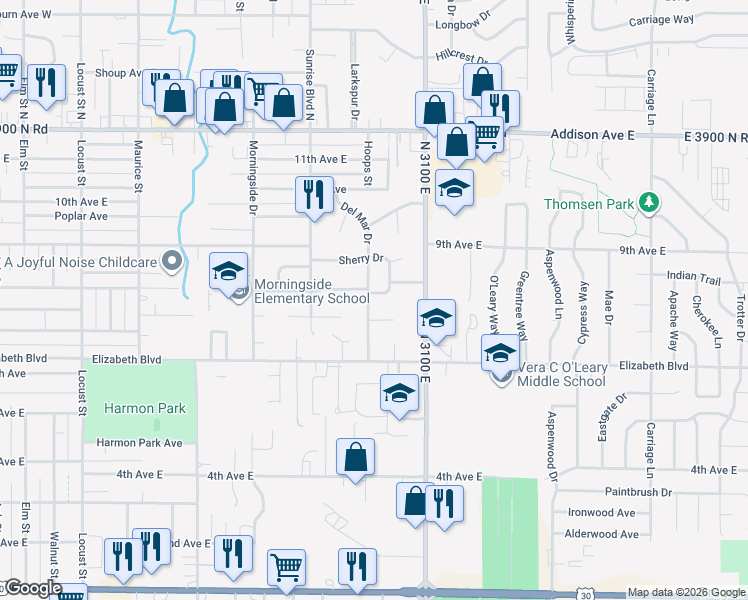 map of restaurants, bars, coffee shops, grocery stores, and more near 2125 Sherry Lane in Twin Falls