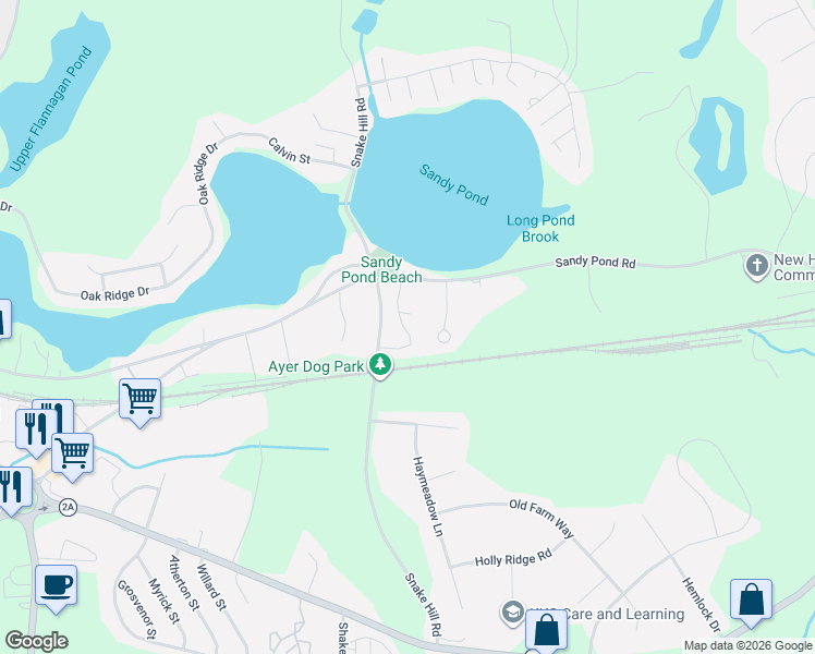 map of restaurants, bars, coffee shops, grocery stores, and more near 75 Sandy Pond Road in Ayer