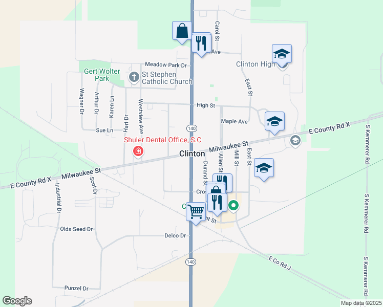 map of restaurants, bars, coffee shops, grocery stores, and more near Milwaukee Street in Clinton
