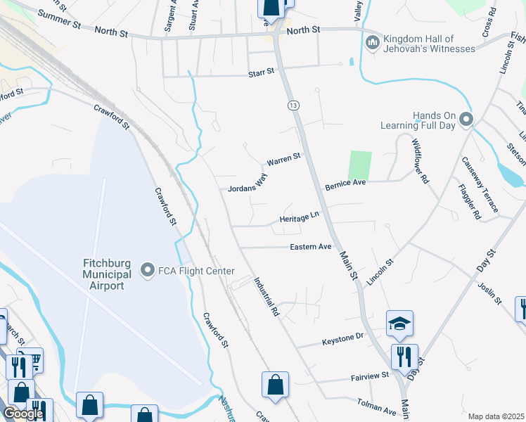 map of restaurants, bars, coffee shops, grocery stores, and more near 51 Musket Drive in Leominster