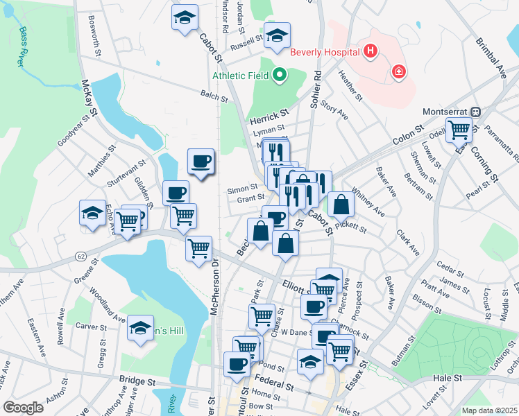 map of restaurants, bars, coffee shops, grocery stores, and more near 38 Beckford Street in Beverly