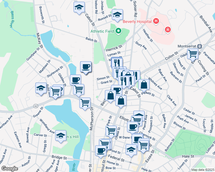 map of restaurants, bars, coffee shops, grocery stores, and more near 38 Beckford Street in Beverly