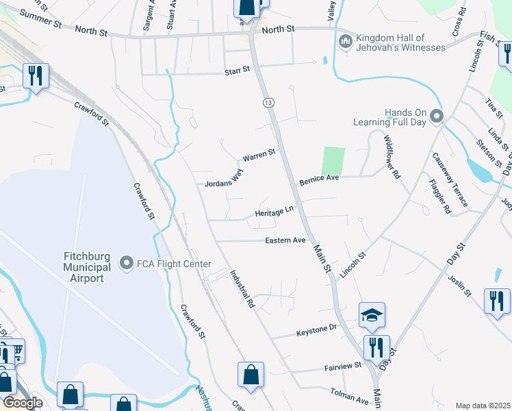 map of restaurants, bars, coffee shops, grocery stores, and more near 51 Musket Drive in Leominster