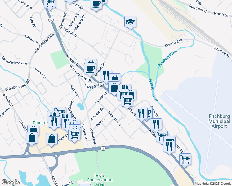 map of restaurants, bars, coffee shops, grocery stores, and more near 825 North Main Street in Leominster