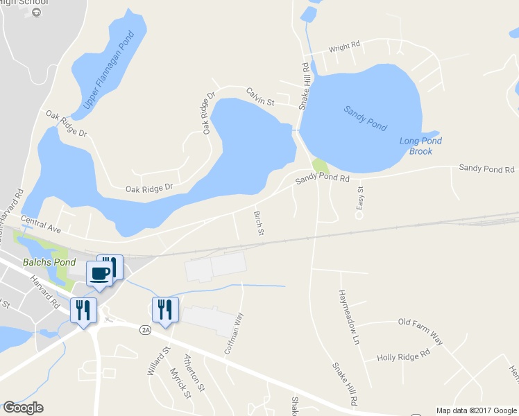 map of restaurants, bars, coffee shops, grocery stores, and more near 51 Sandy Pond Road in Ayer