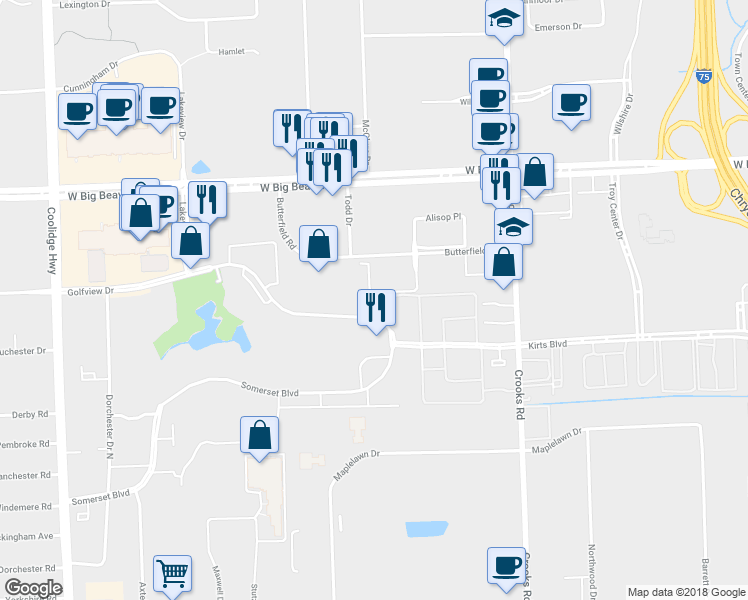 map of restaurants, bars, coffee shops, grocery stores, and more near 2678 Melcombe Circle in Troy