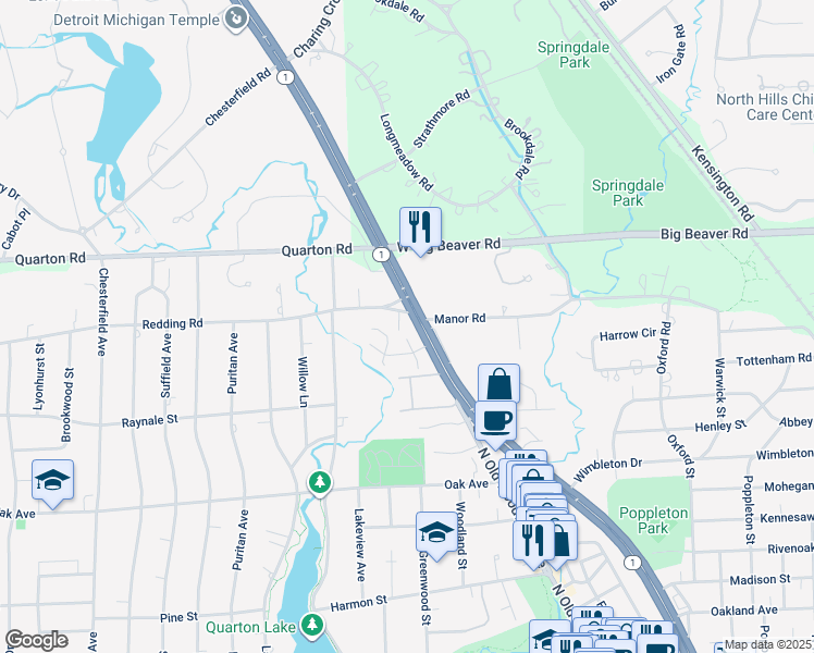 map of restaurants, bars, coffee shops, grocery stores, and more near 36663 Woodward Avenue in Birmingham