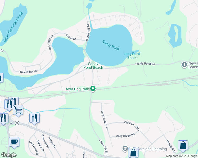 map of restaurants, bars, coffee shops, grocery stores, and more near 75 Sandy Pond Road in Ayer