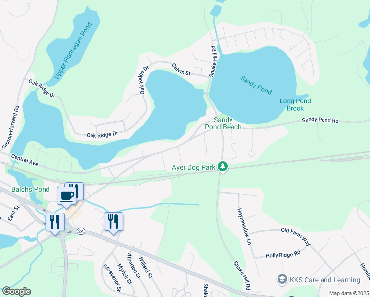 map of restaurants, bars, coffee shops, grocery stores, and more near 51 Sandy Pond Road in Ayer
