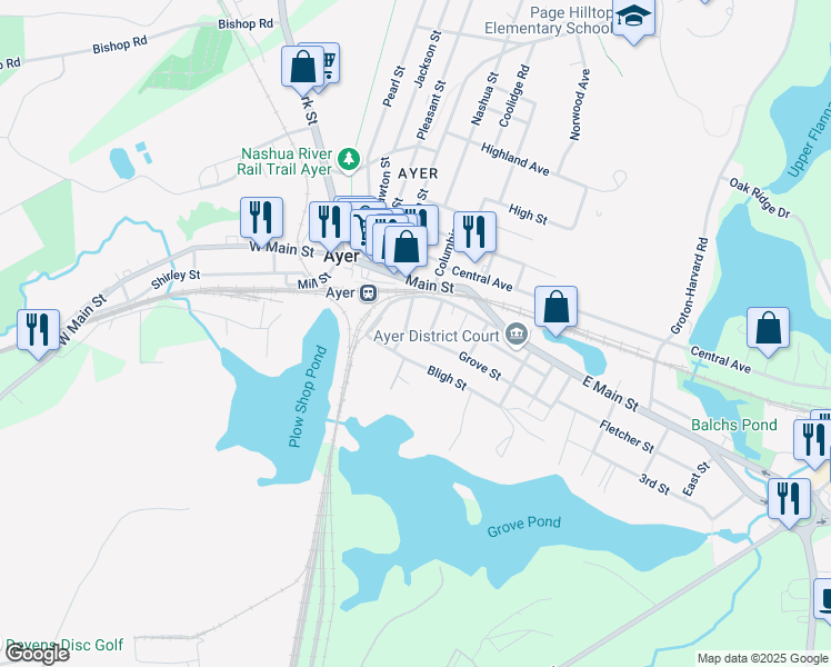 map of restaurants, bars, coffee shops, grocery stores, and more near 18 Forest Street in Ayer