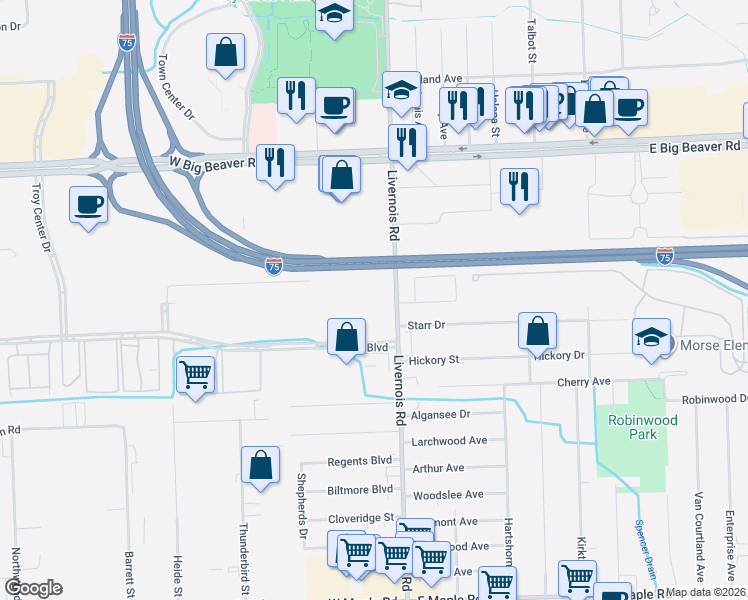 map of restaurants, bars, coffee shops, grocery stores, and more near 2543 Livernois Road in Troy