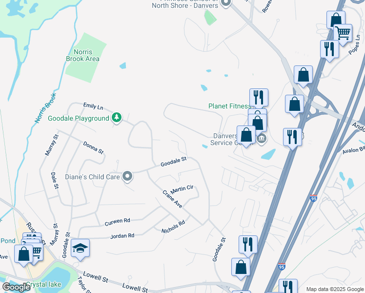 map of restaurants, bars, coffee shops, grocery stores, and more near 4 Helen Drive in Peabody