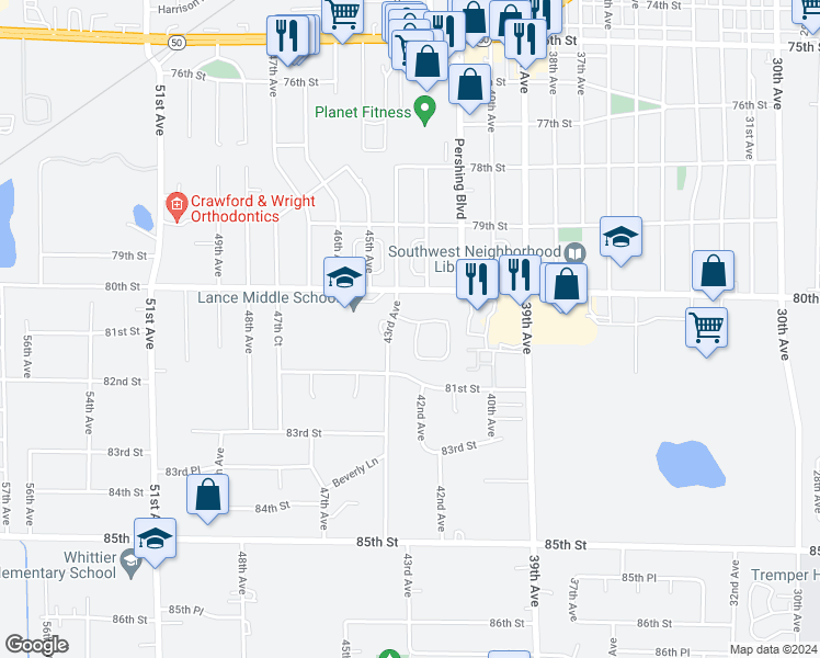 map of restaurants, bars, coffee shops, grocery stores, and more near 4231 80th Place in Kenosha
