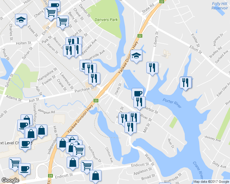 map of restaurants, bars, coffee shops, grocery stores, and more near 6 Hardy Street in Danvers