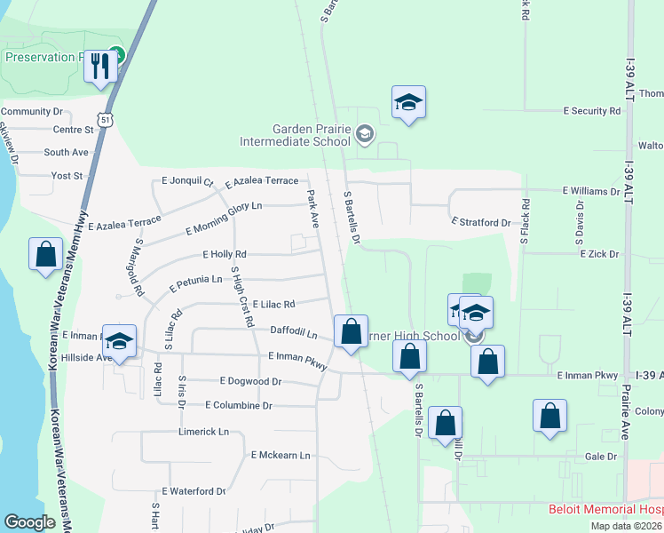 map of restaurants, bars, coffee shops, grocery stores, and more near 3109 Park Avenue in Beloit