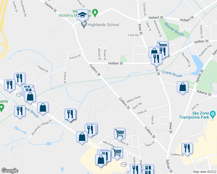 map of restaurants, bars, coffee shops, grocery stores, and more near 47 Collins Street in Danvers