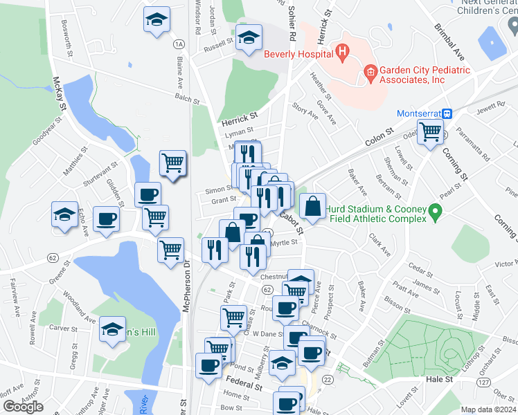 map of restaurants, bars, coffee shops, grocery stores, and more near 390 Cabot Street in Beverly