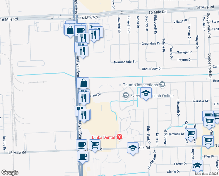 map of restaurants, bars, coffee shops, grocery stores, and more near 8569 Heywood Circle in Sterling Heights