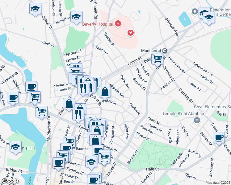 map of restaurants, bars, coffee shops, grocery stores, and more near 19 Whitney Avenue in Beverly