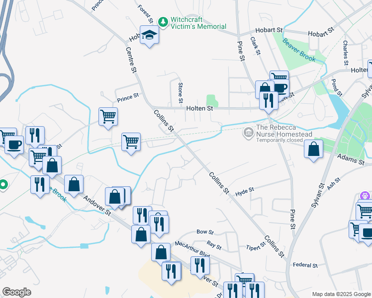 map of restaurants, bars, coffee shops, grocery stores, and more near 47 Collins Street in Danvers