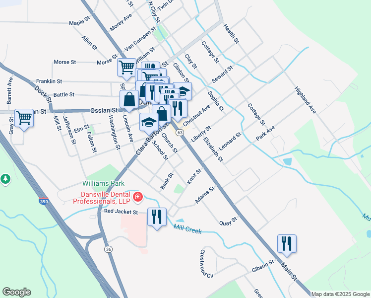 map of restaurants, bars, coffee shops, grocery stores, and more near 105 Main Street in Dansville