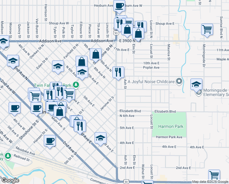 map of restaurants, bars, coffee shops, grocery stores, and more near 759 Blue Lakes Boulevard in Twin Falls