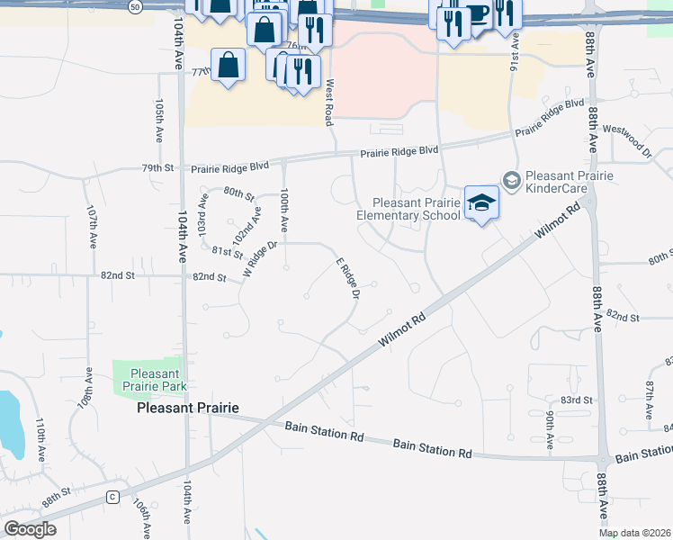 map of restaurants, bars, coffee shops, grocery stores, and more near 9811 81st Place in Pleasant Prairie