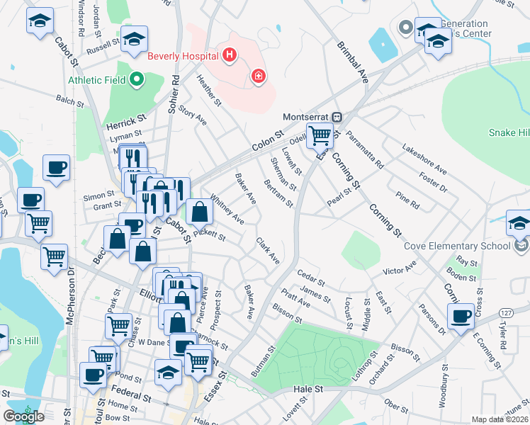 map of restaurants, bars, coffee shops, grocery stores, and more near 79 Baker Avenue in Beverly
