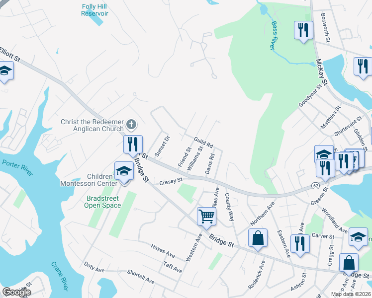 map of restaurants, bars, coffee shops, grocery stores, and more near 22 Friend St in Beverly