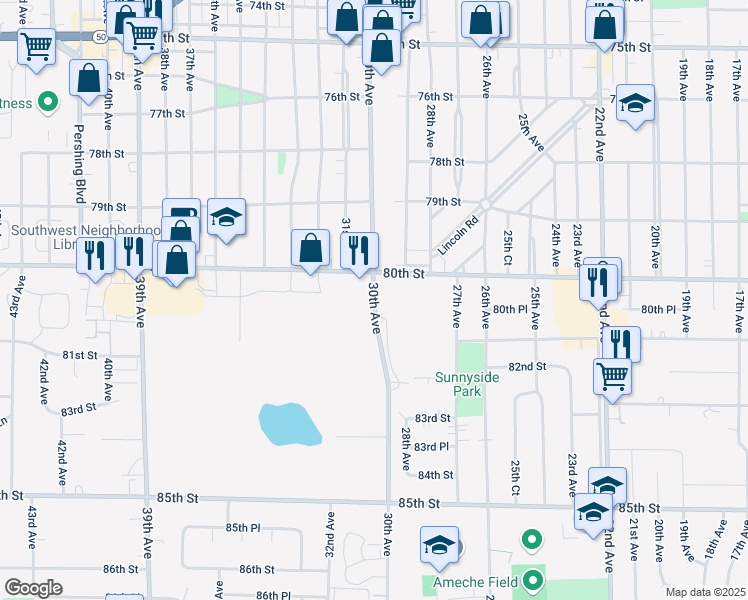 map of restaurants, bars, coffee shops, grocery stores, and more near 30th Avenue in Kenosha