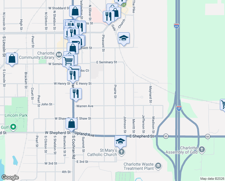 map of restaurants, bars, coffee shops, grocery stores, and more near 415 Prairie Street in Charlotte